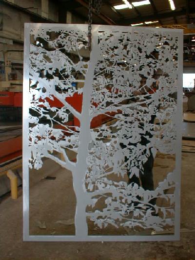 1/8" aluminum water jet cut tree silhouette for entry gate